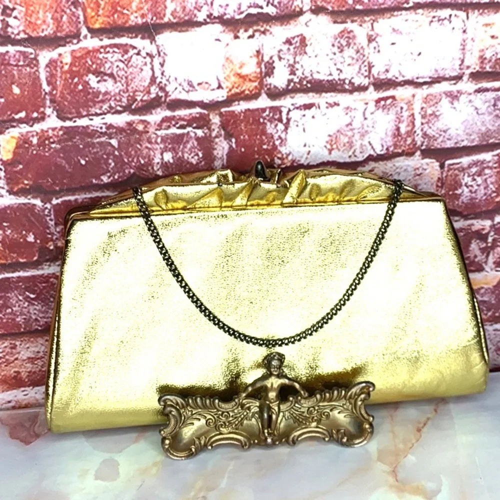 Vintage Gold Lame Convertible Framed Clutch Evening Bag